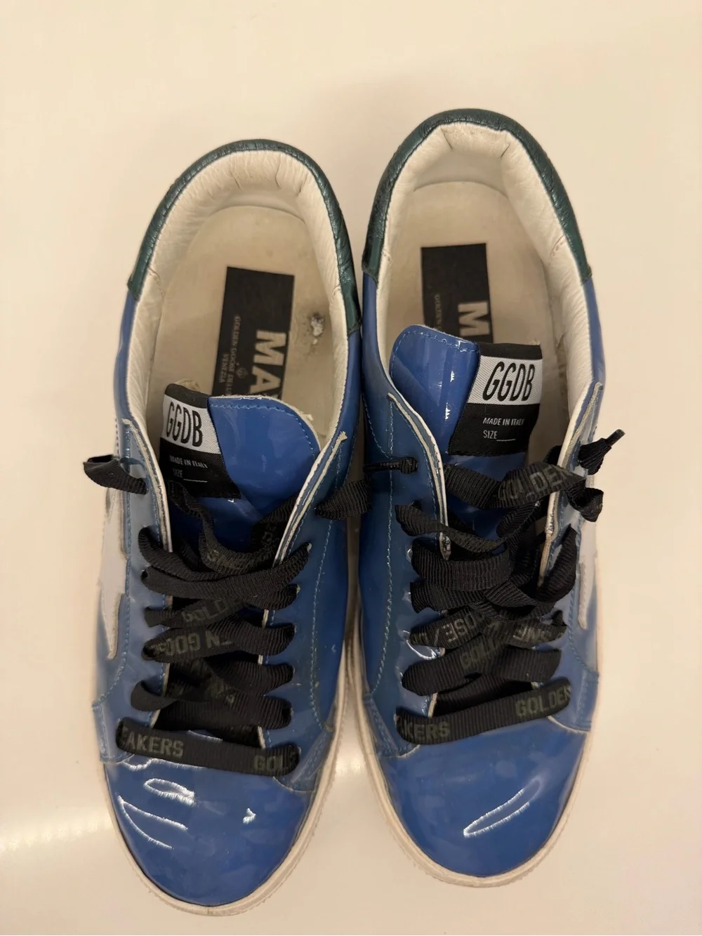 Golden Goose MAY- Blue Patent Superstar Sneakers with White Star, Green Heel Tab - Picture 3 of 4